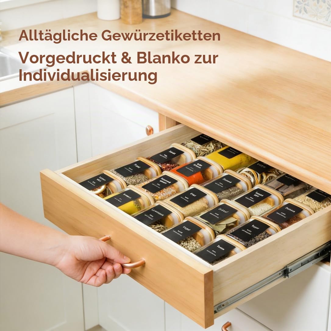 Thumbnail 6 de ComSaf Gewürzgläser Eckig 12 x 120 ml – luftdicht, mit Bambusdeckeln, 54 Etiketten, ideal für Kräuter, Curry, Chili & Pfeffer