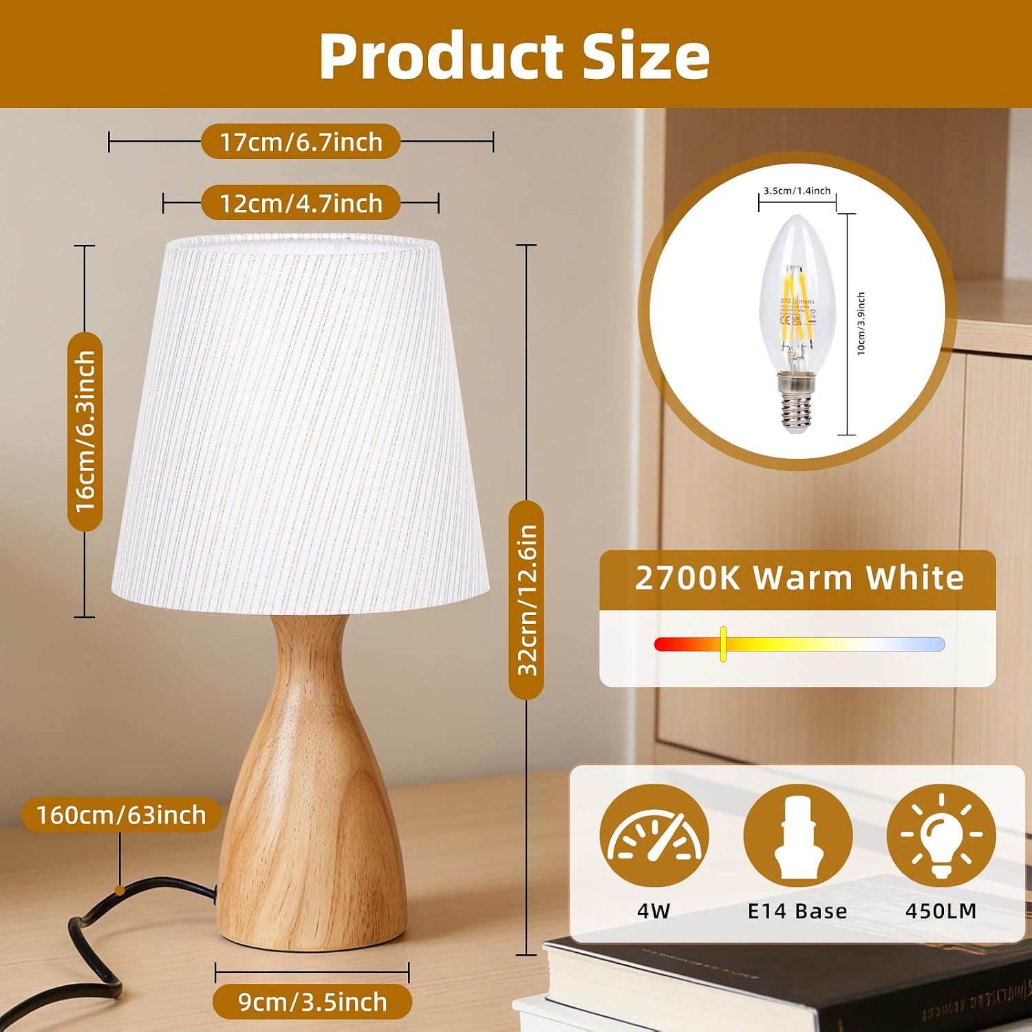 Detalle de Aukimo Wood Bedside Table Lamp with White Linen Shade (Gold Stripe) – 12.6 Inch, LED Bulb Included