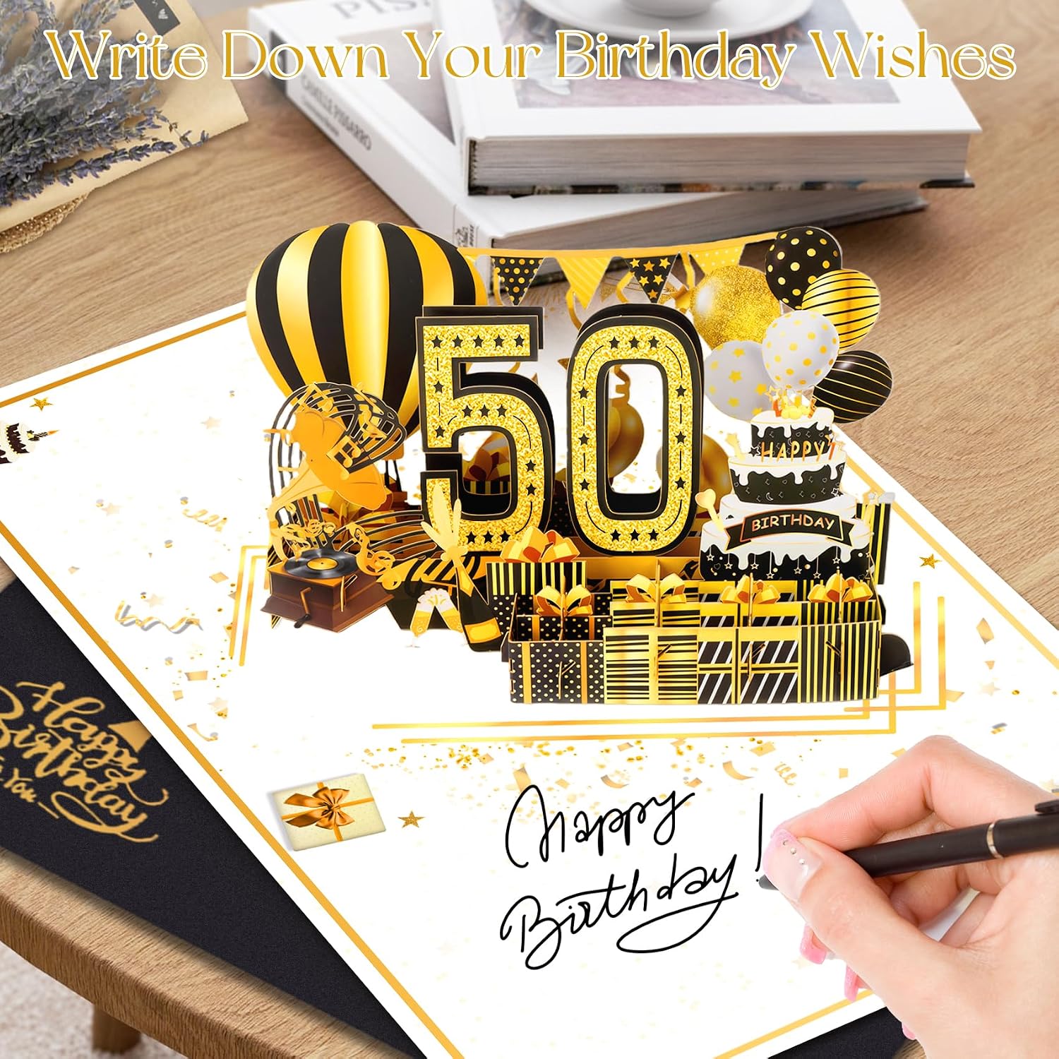 Detalle 1 de OLOSONG 50th Birthday Pop-Up Card, Black and Gold 3D Design