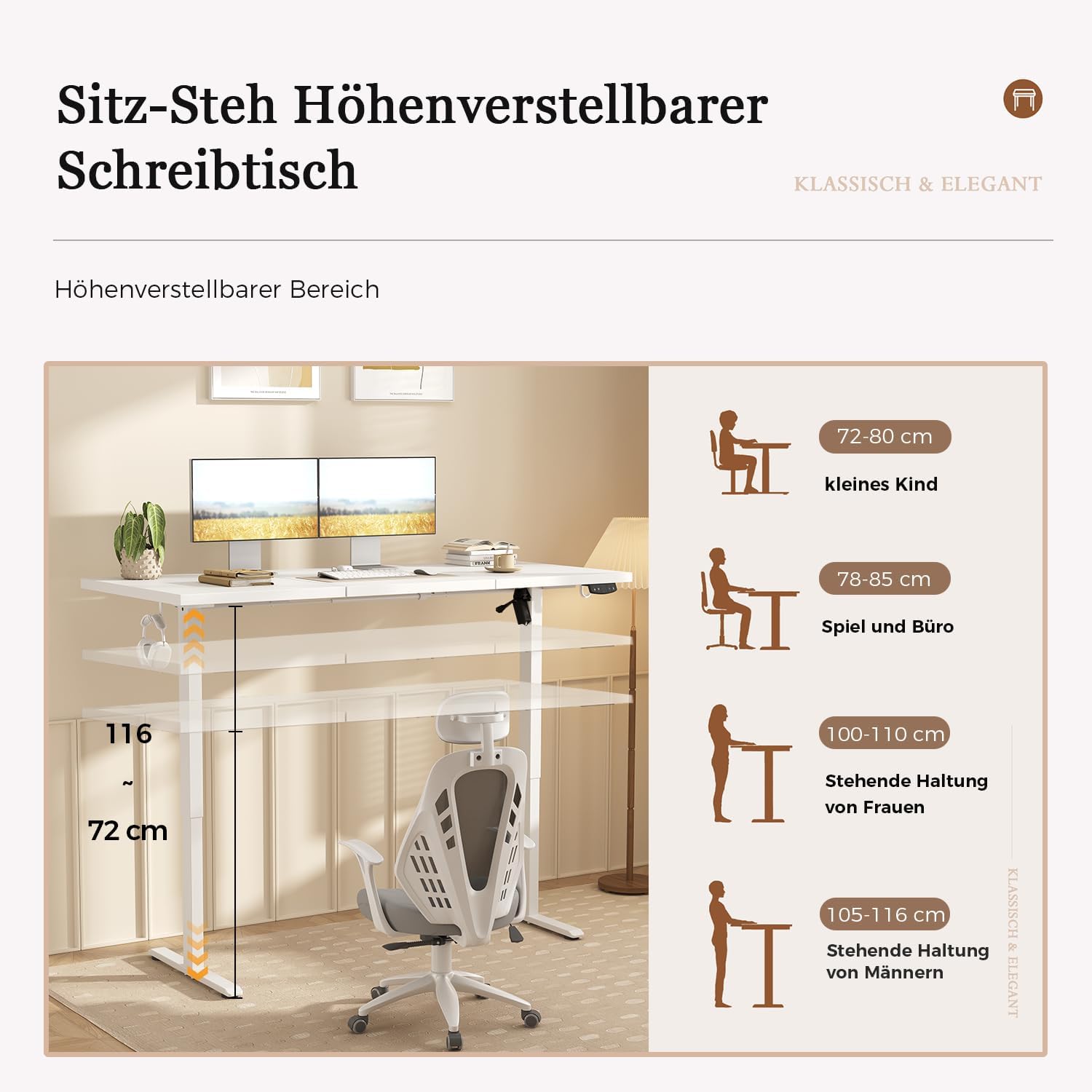 Thumbnail 2 de Klicelor Höhenverstellbarer Schreibtisch – Elektrischer Steh-Sitz Bürotisch, 120×60 cm, Weiß, mit 2 Memory-Funktionen
