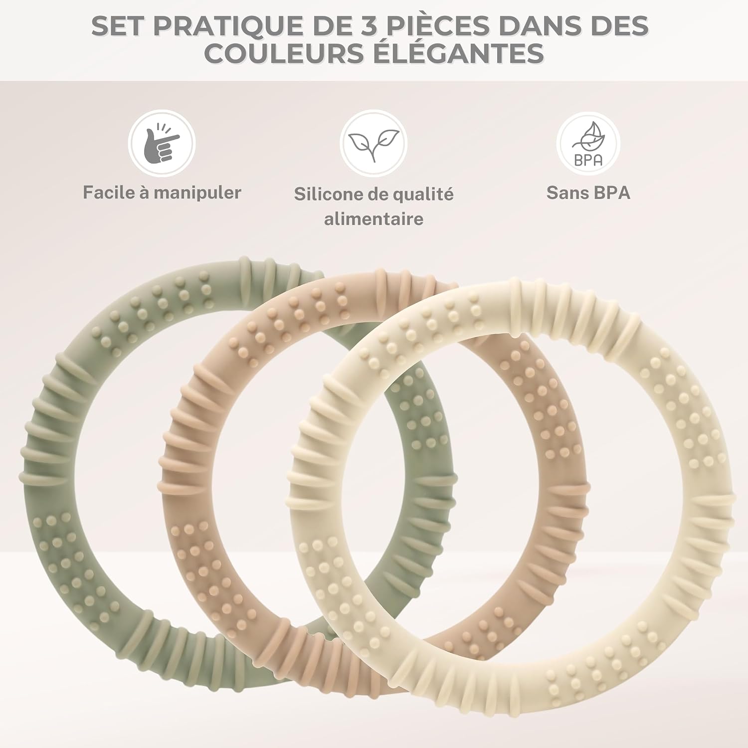 Detalle 2 de Anneau de dentition bébé silicone lot de 3