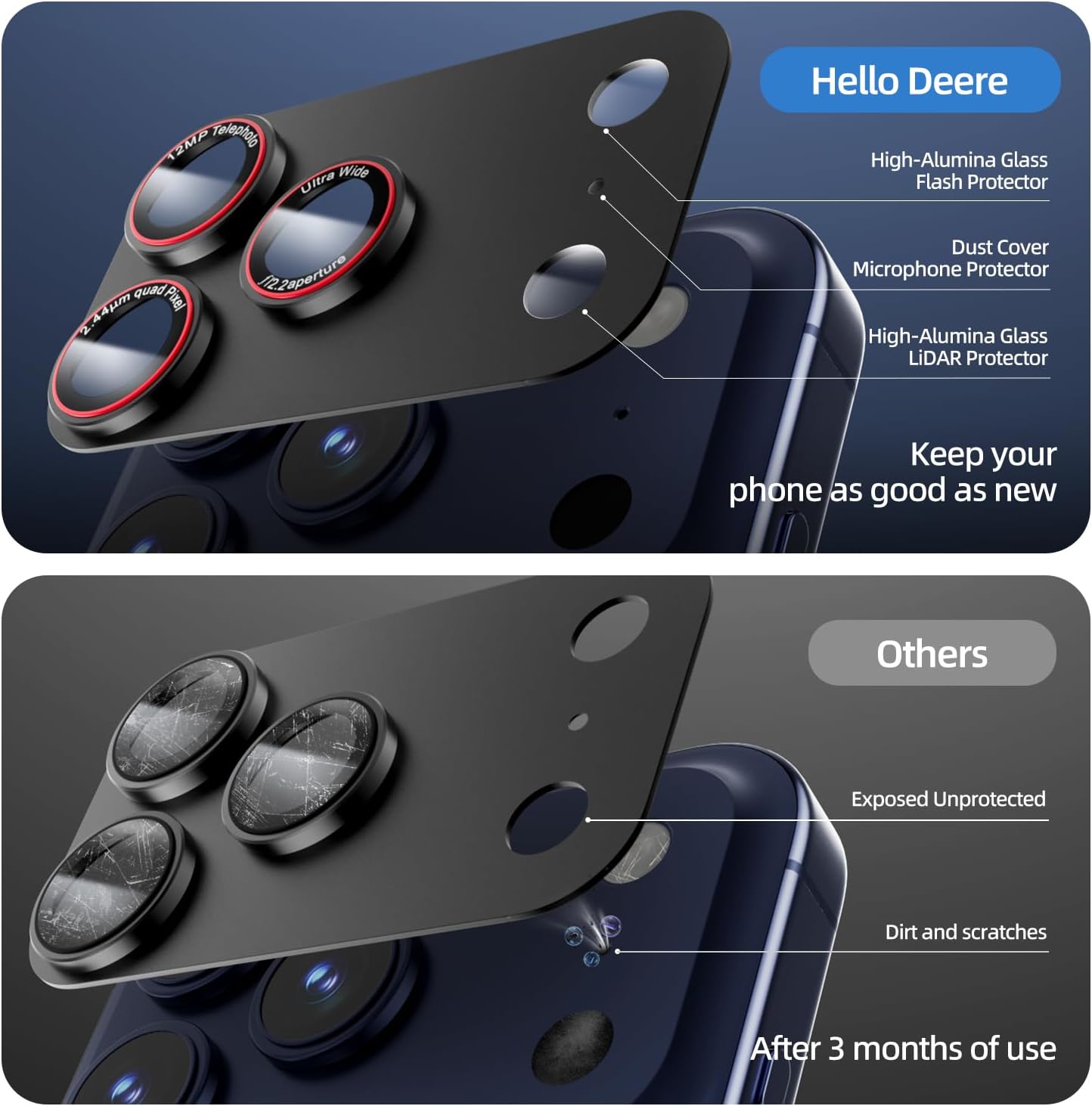 Thumbnail 3 de HelloDeere 9H High-alumina Tempered Glass Camera Lens Protector for iPhone 17 Pro Max (2 Pack)