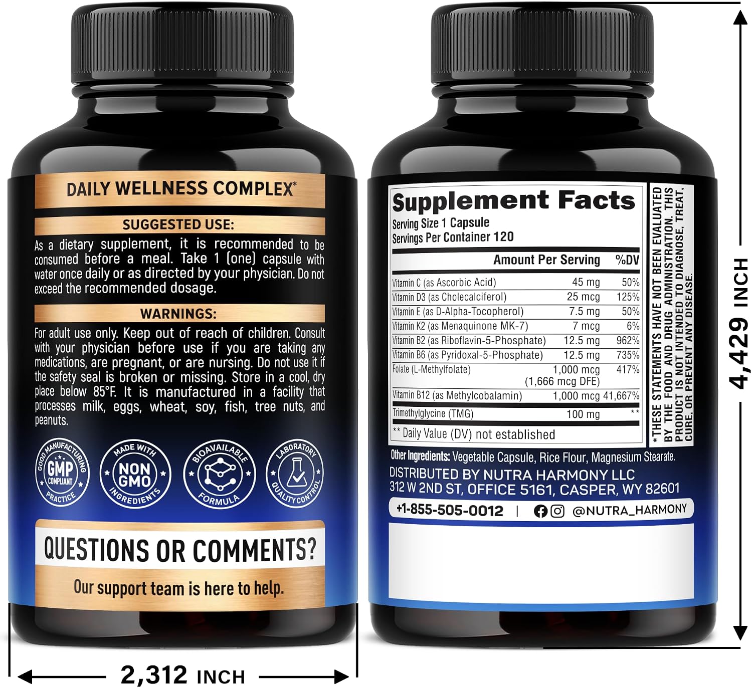 Detalle de NUTRAHARMONY 9-in-1 Methylated Multivitamin, 120 Capsules with TMG, 5MTHF & B12