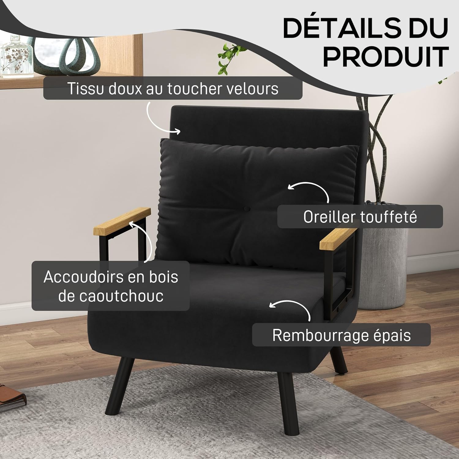 Thumbnail 5 de HOMCOM Fauteuil Convertible 1 Place – 3 en 1, dossier réglable 5 positions, velours noir