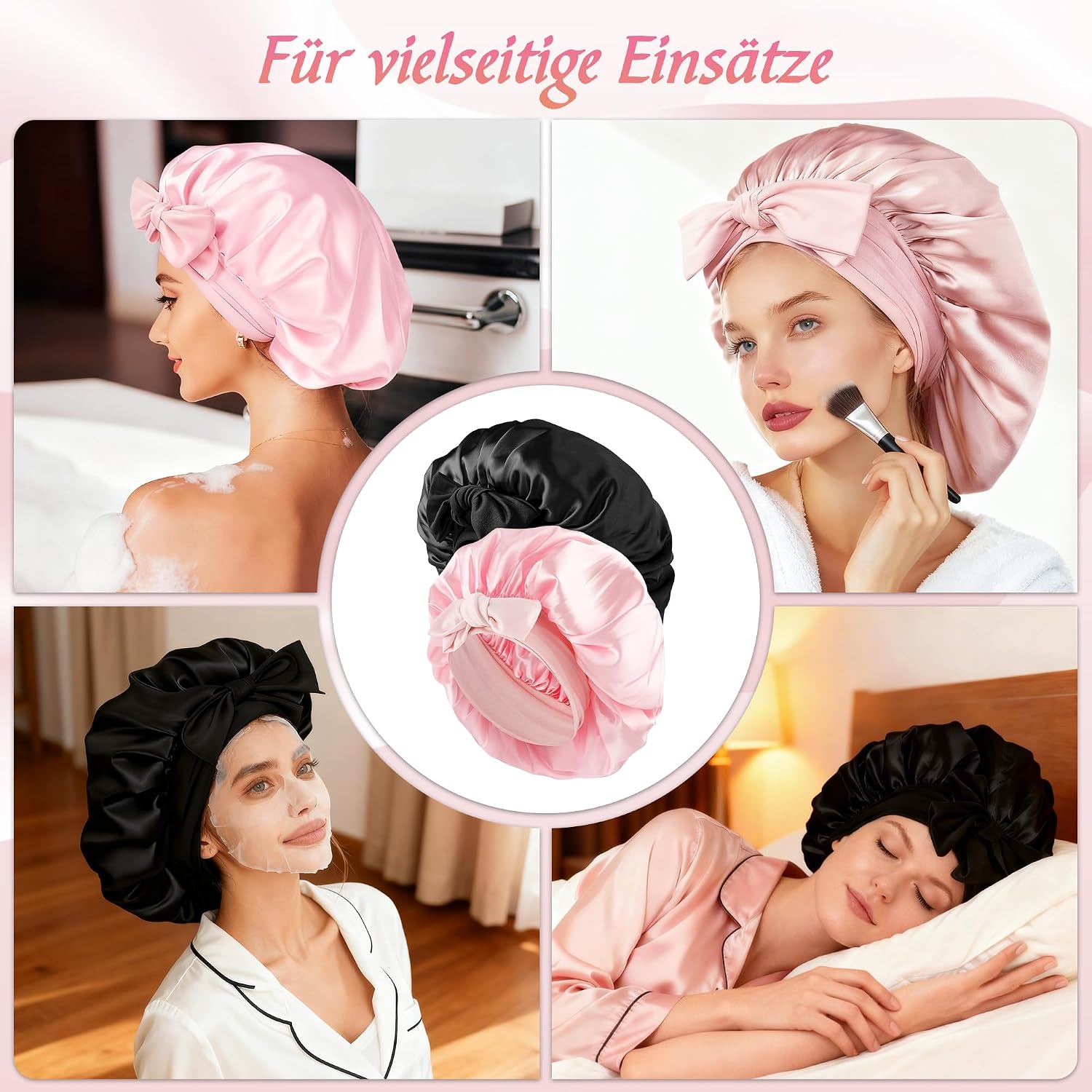 Thumbnail 6 de 2er Set Seidenhaube zum Schlafen mit 2 Haargummis – Verstellbare Satin Haarhaube mit Elastikbund