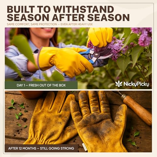 Detalle de NickyPicky Gardening Gloves for Men and Women – Thorn-Proof Leather Gloves with Excellent Dexterity