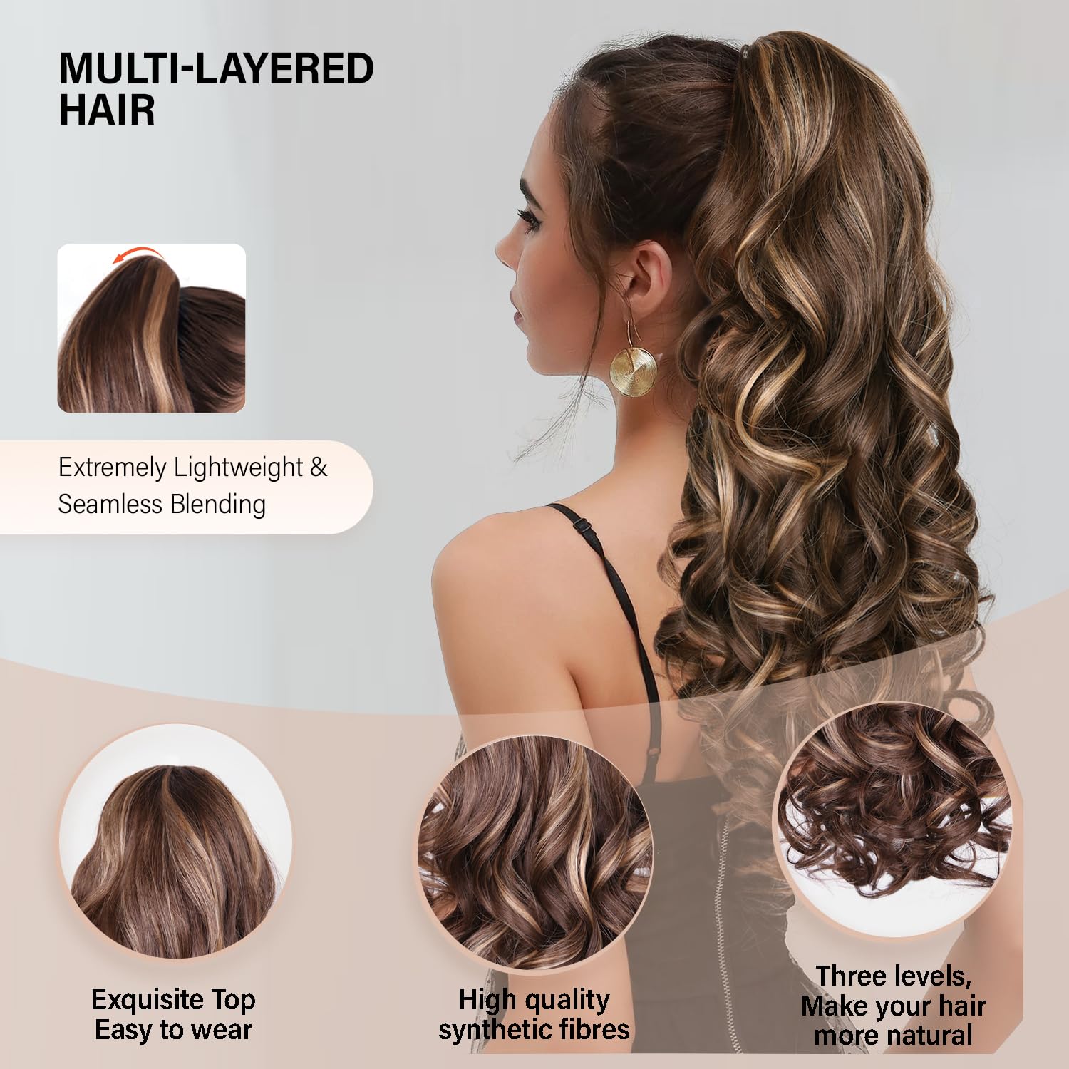 Detalle de 24 Inch Clip-On Ponytail Extension for Women in Chestnut Brown With Golden Highlights