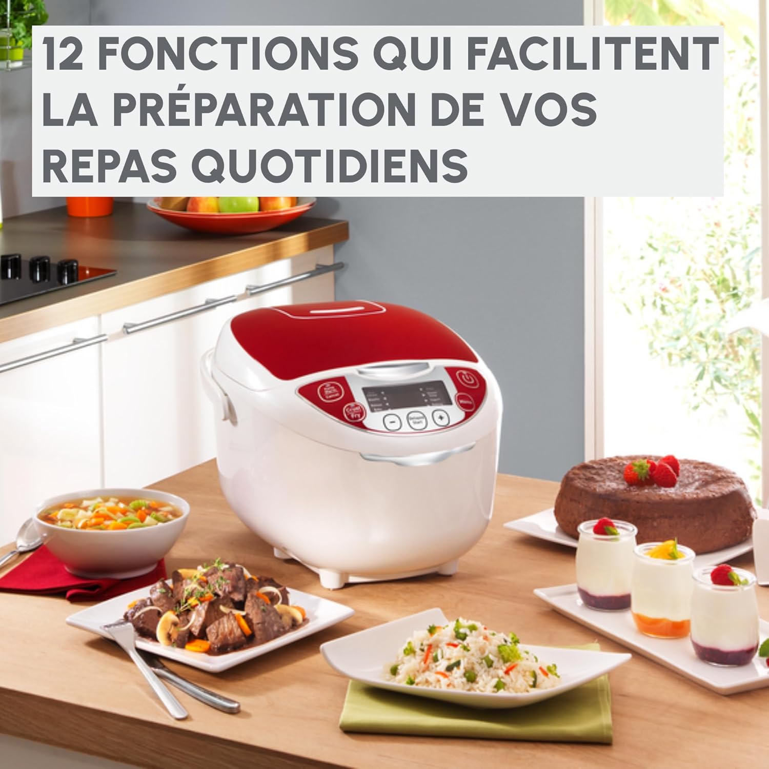 Detalle de Moulinex Multicuiseur électrique MK7051F1 — 12 fonctions, rouge et blanc