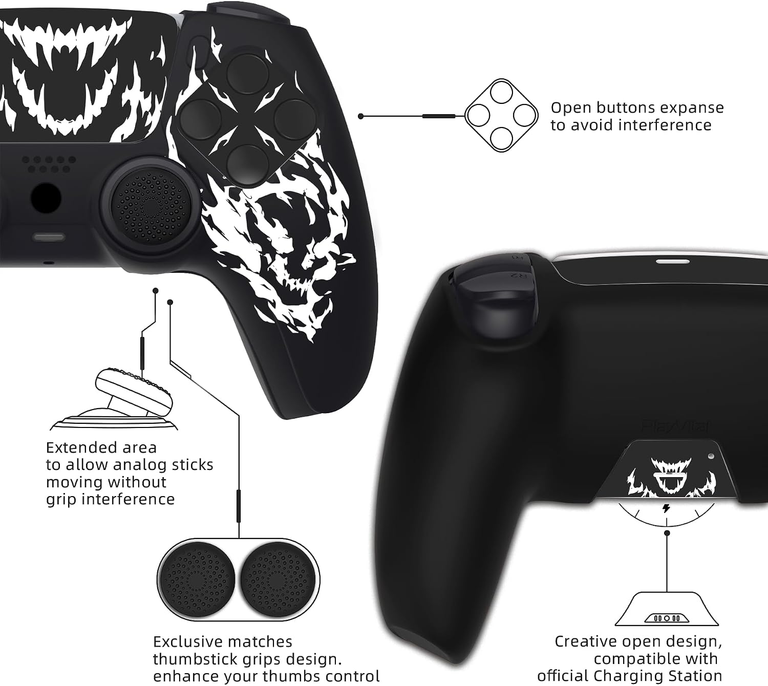 Detalle de PlayVital Design for PS5 Controller Skin Cover with Charging Station (Pure Series, Carving Fire Skull)