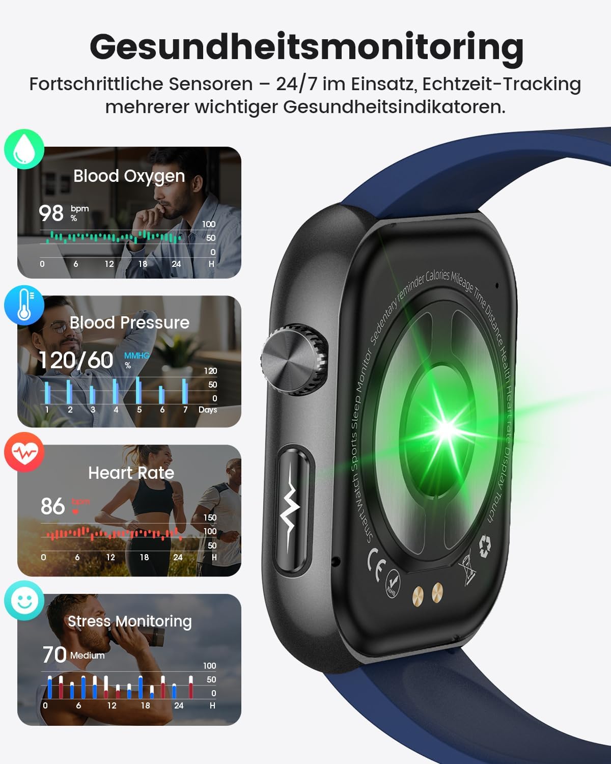 Detalle 2 de 2026 Neue Smartwatch Herren mit EKG/HRV/Blutdruck – umfassender Gesundheitsbegleiter mit AMOLED-Display