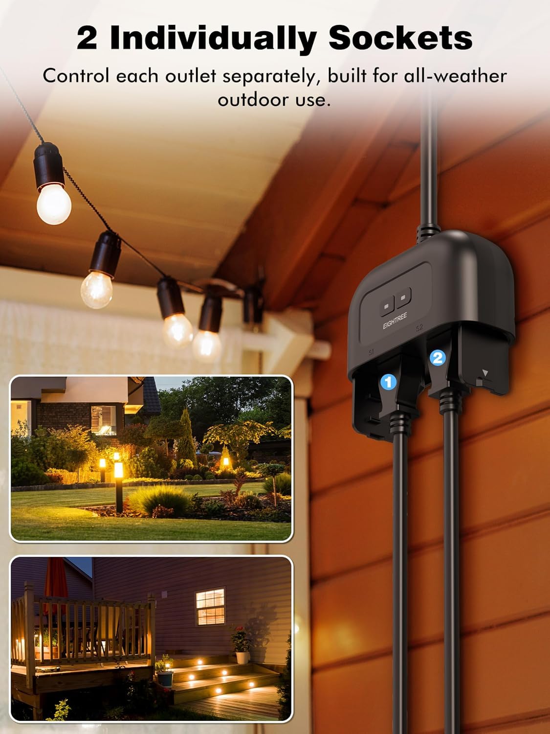 Detalle de EIGHTREE ET77 Outdoor Smart Plug, 15A, Dual Independent Outlets, IP44