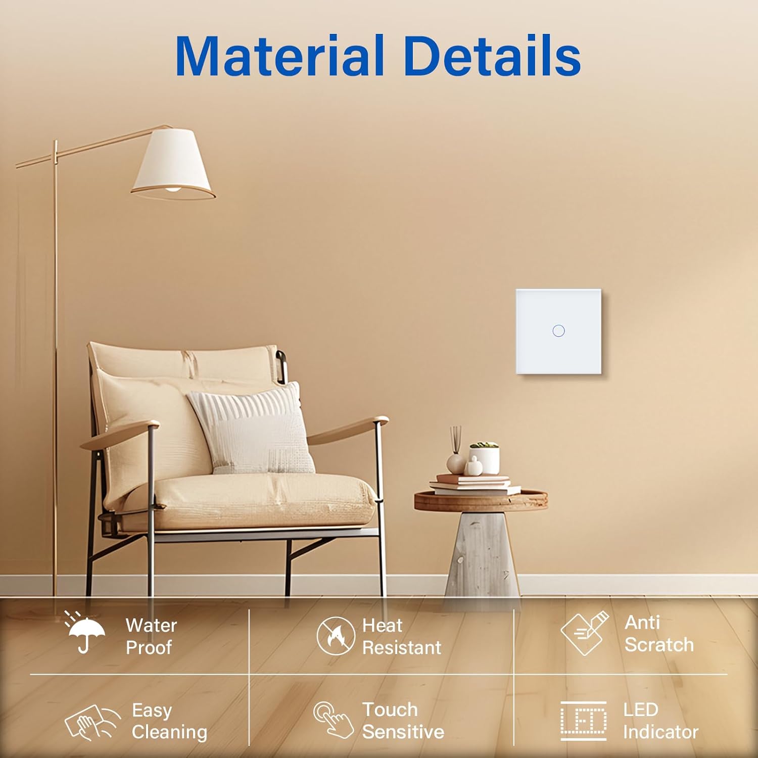 Detalle de BSEED Touch Light Switch (Tempered Glass Panel, LED Indicator) – 1 Gang, 1 Way, White (No Neutral Wire)