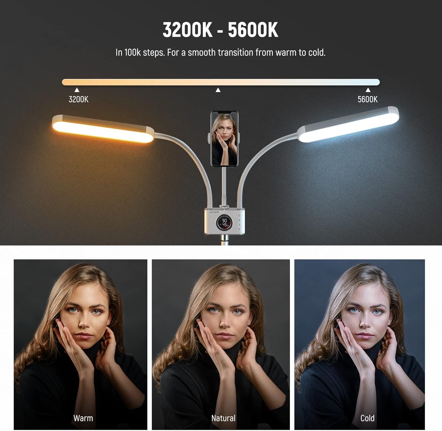 Thumbnail 1 de NEEWER BH40B Esthetician light with phone holder & travel bag kit (UK plug) — dual head bi-colour LED