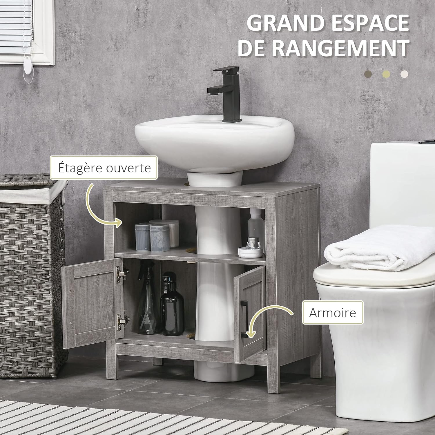 Detalle de kleankin Meuble sous lavabo avec 2 portes et étagère 60 x 30 x 60 cm (gris)