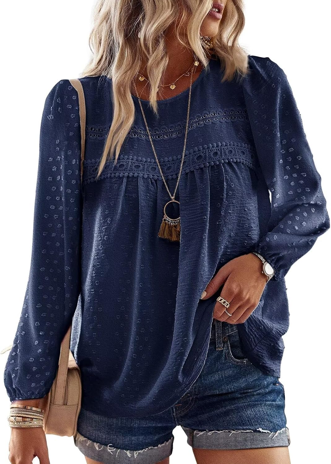 Detalle de Falechay Long-Sleeve Blouse with Crochet Lace