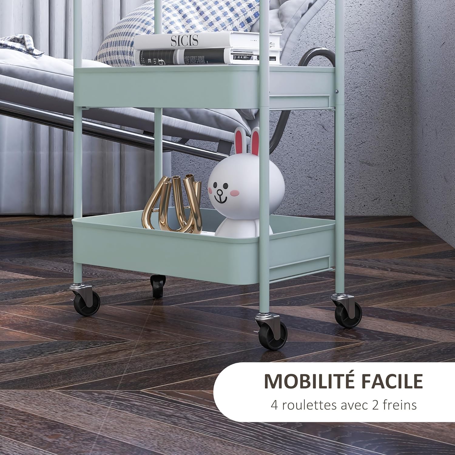 Detalle 2 de HOMCOM Desserte chariot de rangement en acier à roulettes, 3 niveaux ajourés (45 x 30,6 x 79 cm) bleu clair