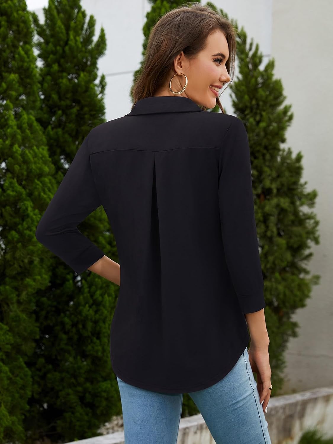 Detalle de Siddhe Damen V-Ausschnitt Bluse mit 3/4-Ärmeln – Tunika-Longshirt im lockeren A-Linien-Stil