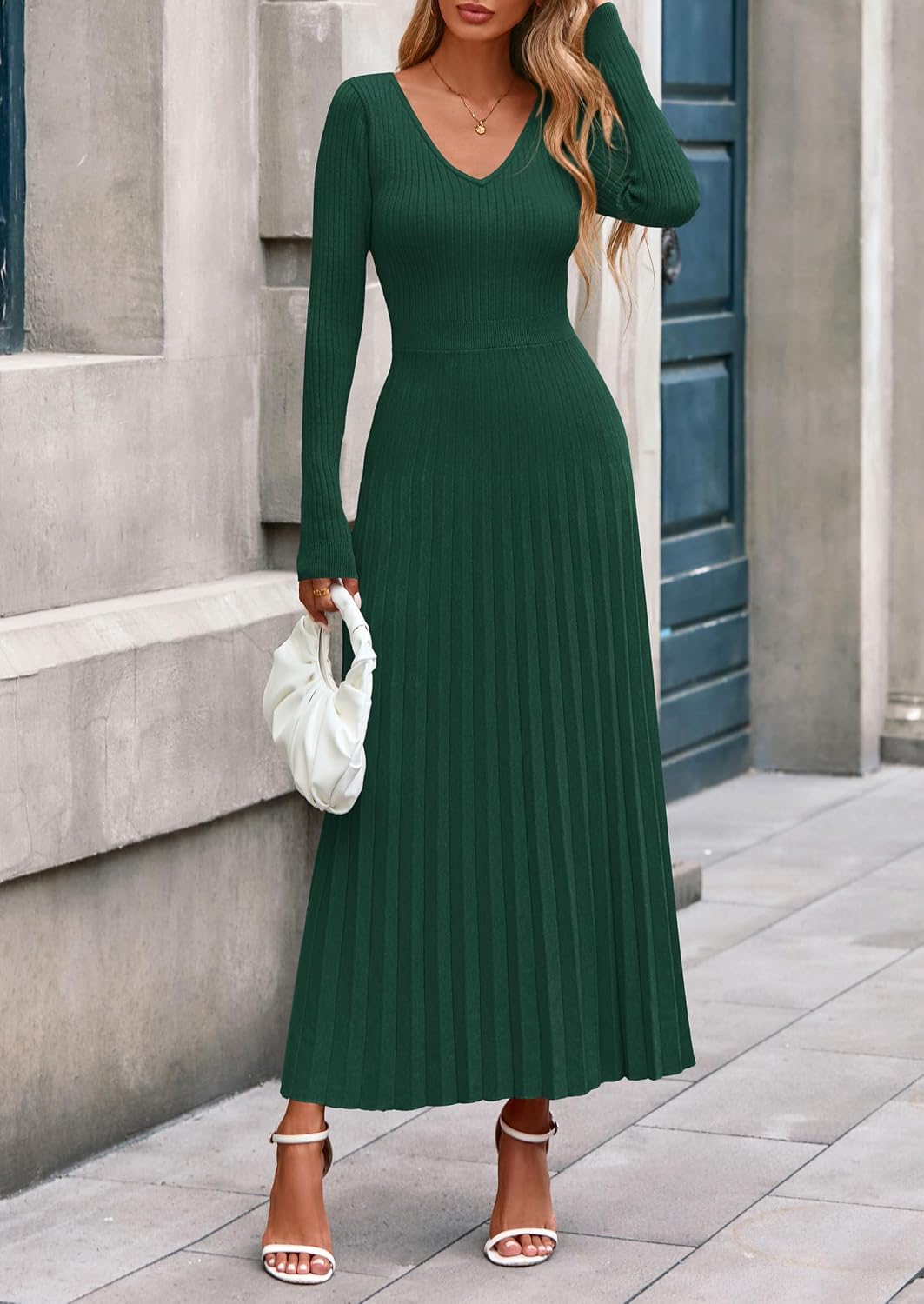 Detalle de PRETTYGARDEN Long Sleeve Maxi Sweater Dress, Ribbed Knit, V-Neck, Pleated A-Line