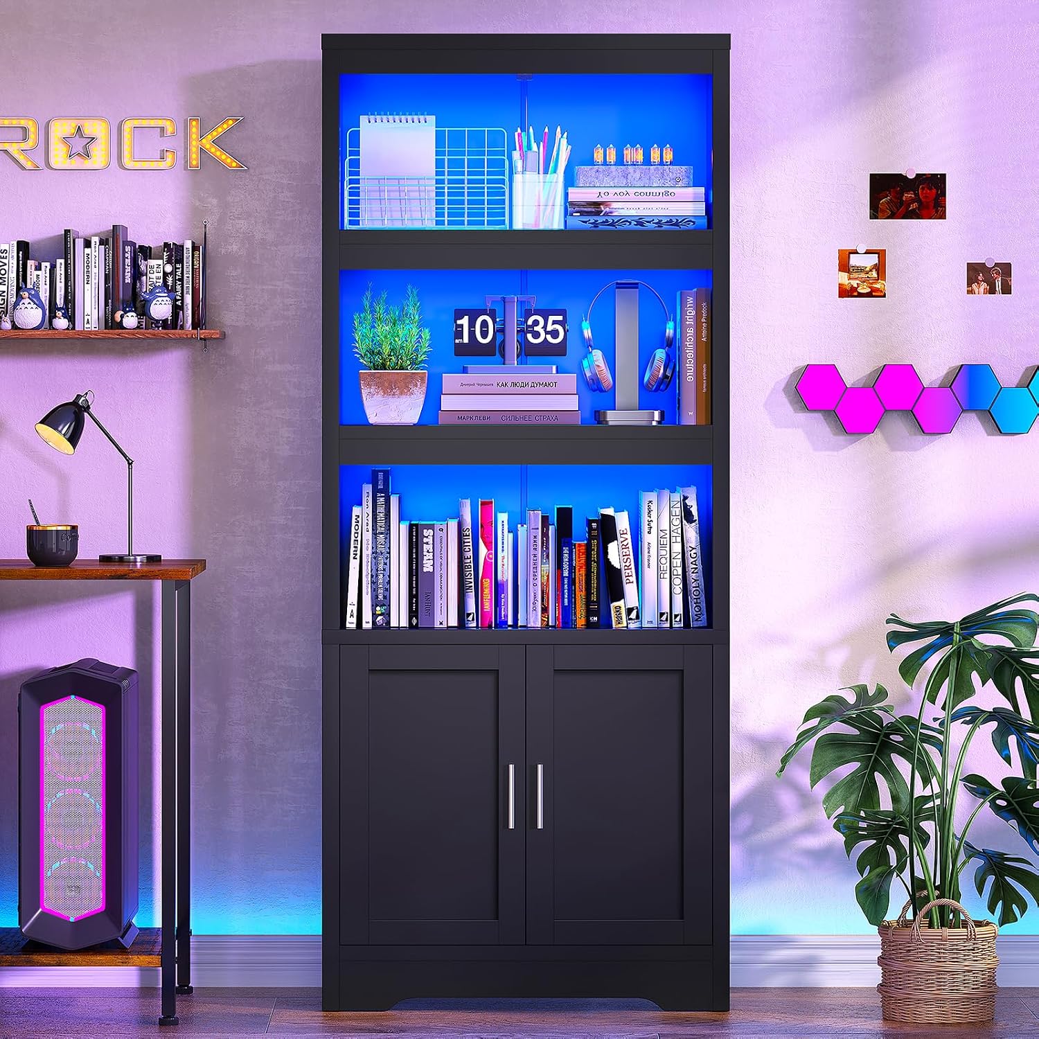 Detalle 2 de TEENFON bookcases 5-Shelf Bookcase with LED Lights, Doors and Adjustable Shelf