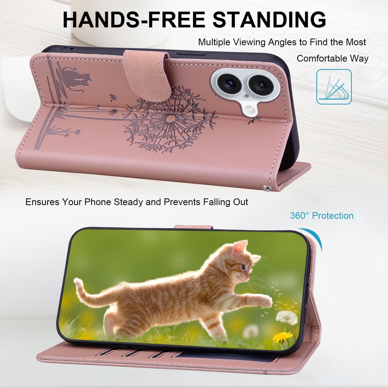 Detalle de Nbziyoo Handyhülle für iPhone 16 Klappbar: Flip Wallet Case mit Kartenfach, Magnetverschluss und Standfunktion – Rosa