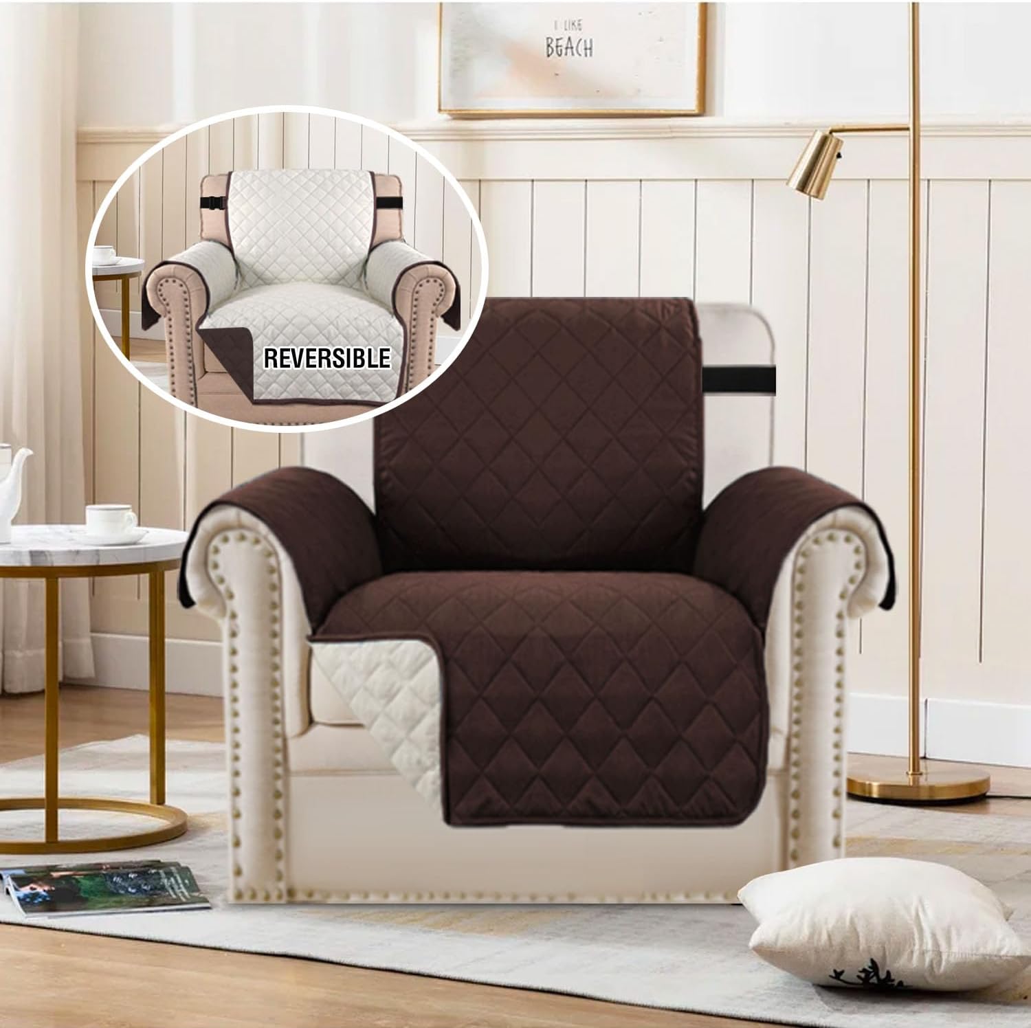 Detalle de H.VERSAILTEX Reversible Armchair Cover, Brown/Beige, Water-Repellent Quilted Microfiber