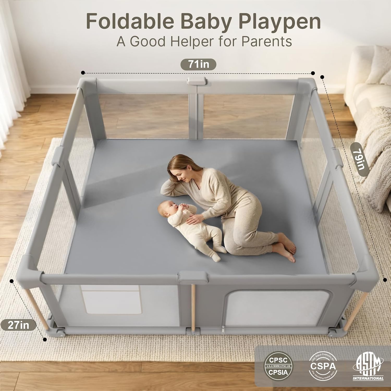 Detalle 2 de Cbcvvaer 79x71 Foldable Baby Playpen with Mat, 360° Mesh and Storage Bag