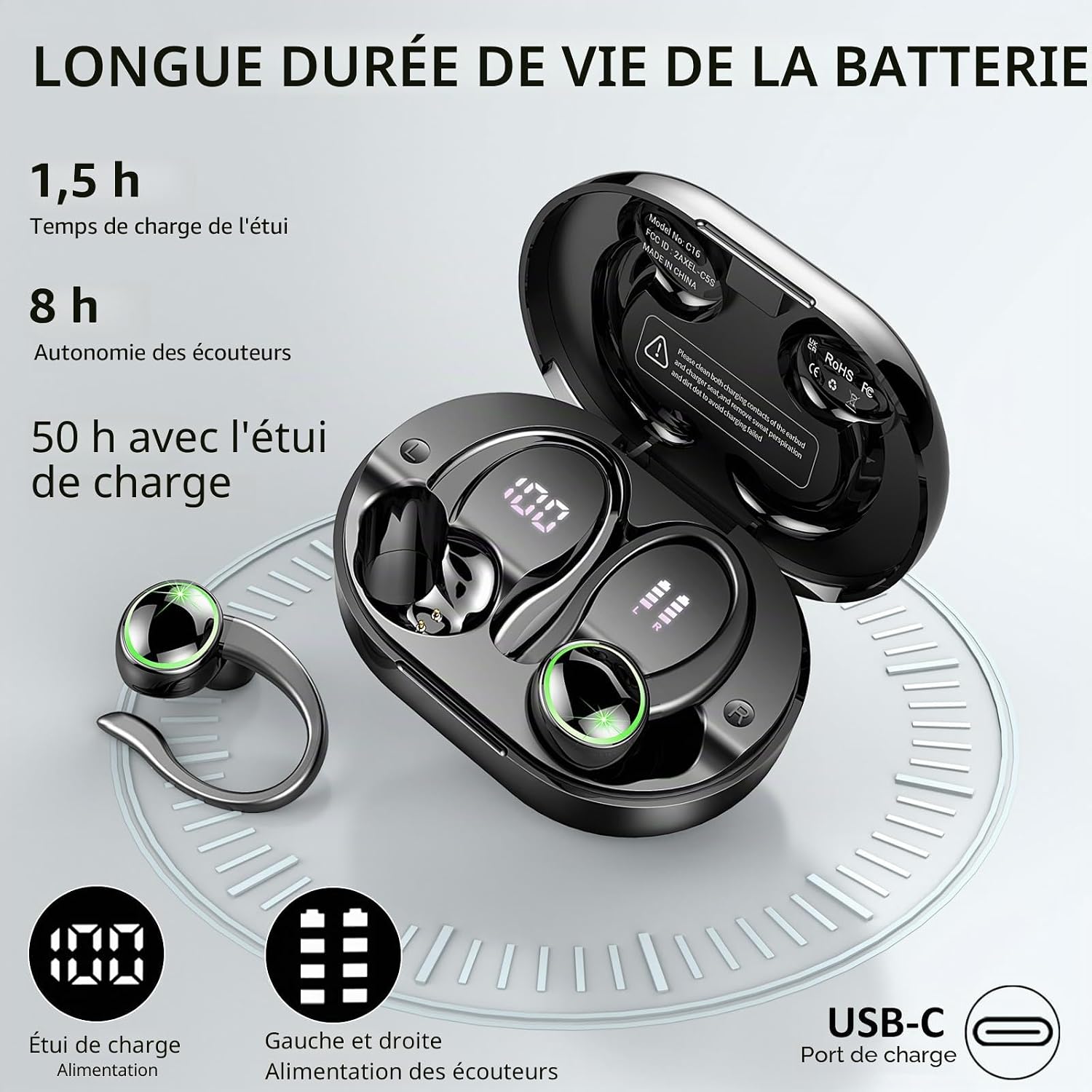Detalle de Ecouteurs Bluetooth sans Fil Sport 2026 — HiFi, ANC ENC et IP7, 50 h d’autonomie