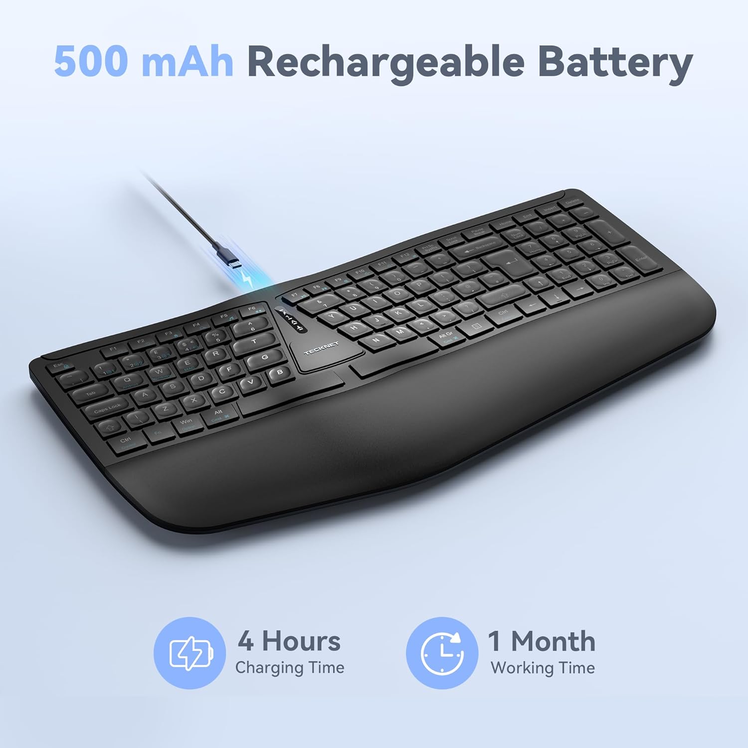 Thumbnail 3 de TECKNET Wireless Ergonomic Keyboard (2.4G USB & Bluetooth) with Wrist Rest
