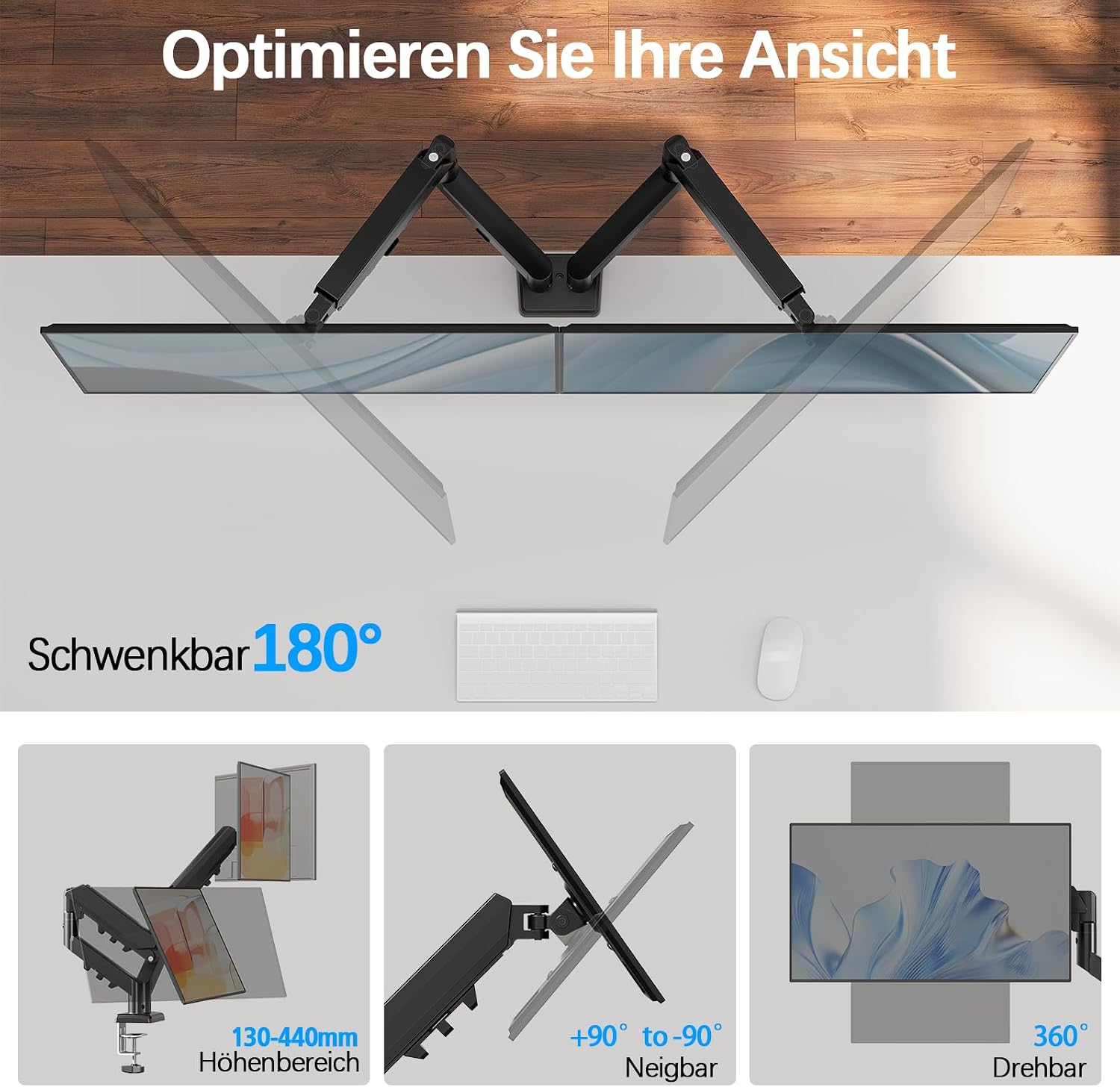 Detalle de MOUNTUP Dual Monitor Halterung für 13–32 Zoll EU8014B – höhenverstellbar, neigbar, schwenkbar (VESA 75/100)