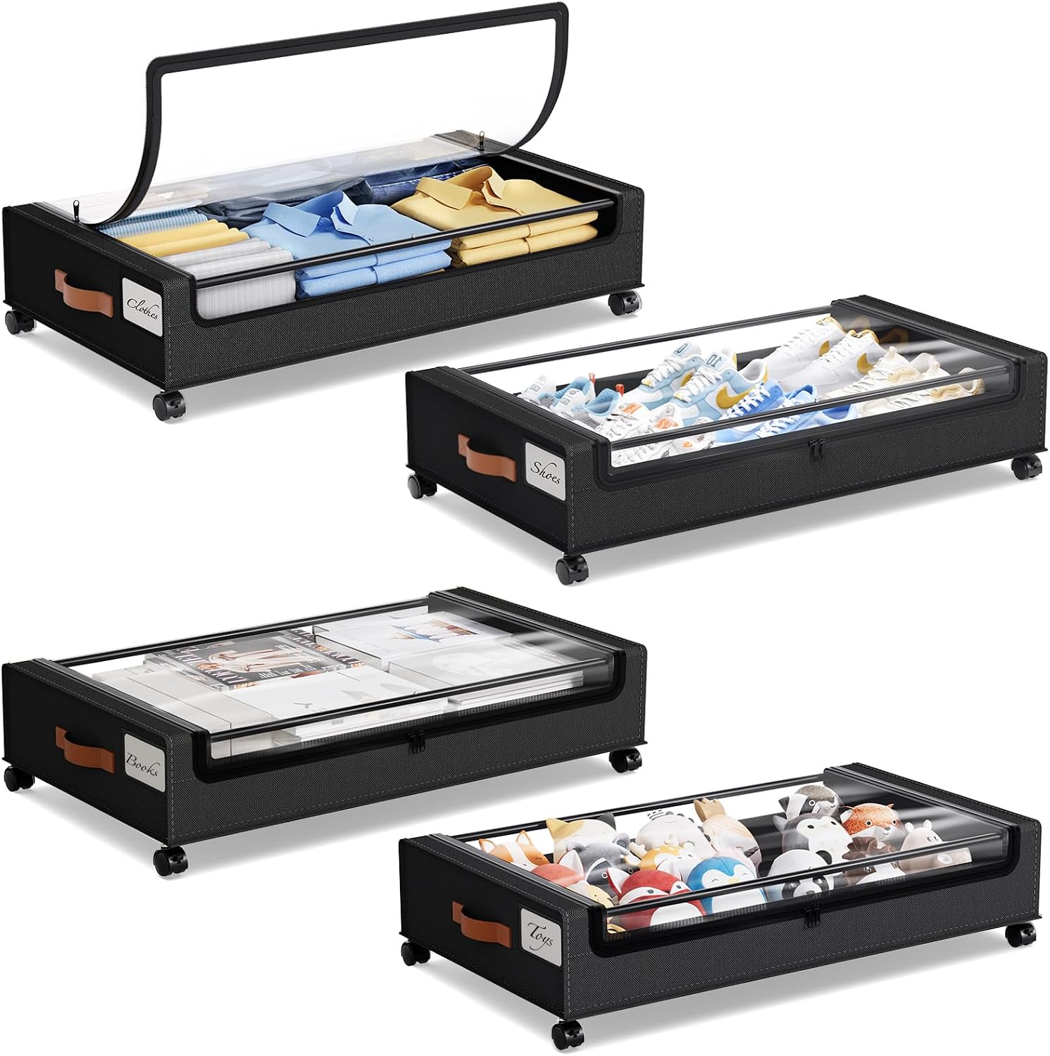 Detalle de Yecaye 4-Pack Under-Bed Storage with Wheels, Clear Window and 66 lb Capacity