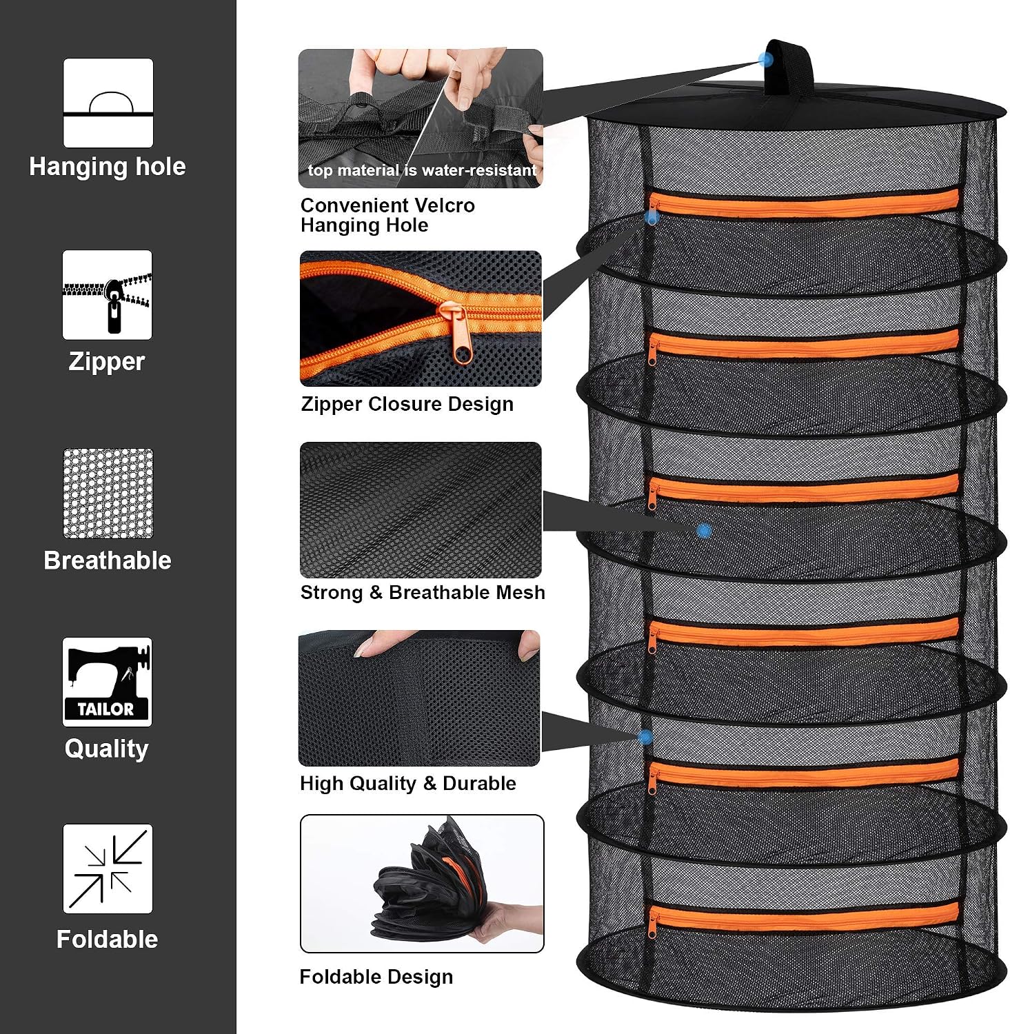 Detalle 2 de Desy & Feeci 6layer 6-Tier Herb Drying Rack with Mesh and Orange Zippers