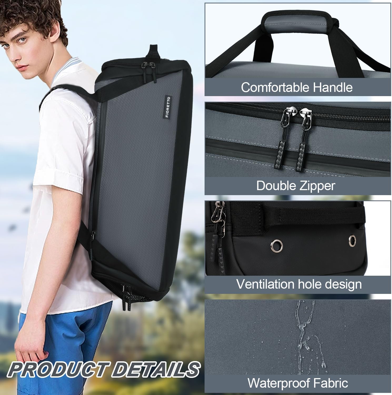 Detalle de FIORETTO Mens Sports Gym Bag with Wet Pocket & Shoe Compartment