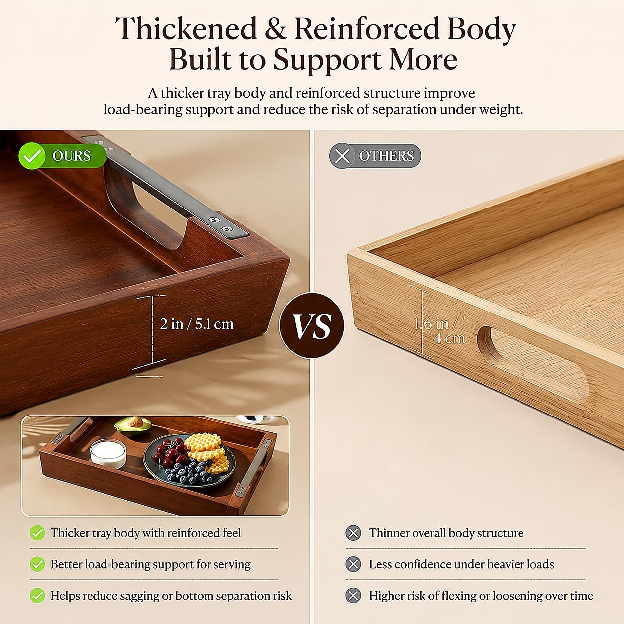 Detalle de Dofira Acacia Wood Serving Tray with Metal Handles (17x13in)