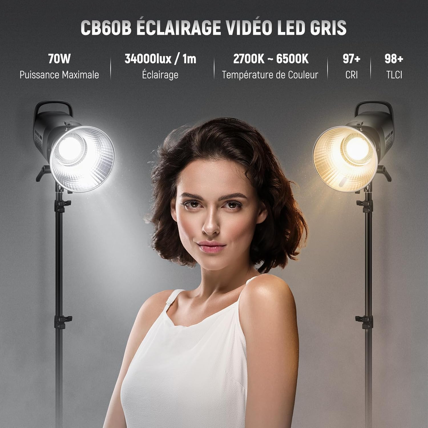 Detalle de NEEWER CB60B 70W COB Video Light – éclairage bi-colore 2700K-6500K avec contrôle 2.4G et compatibilité Bowens