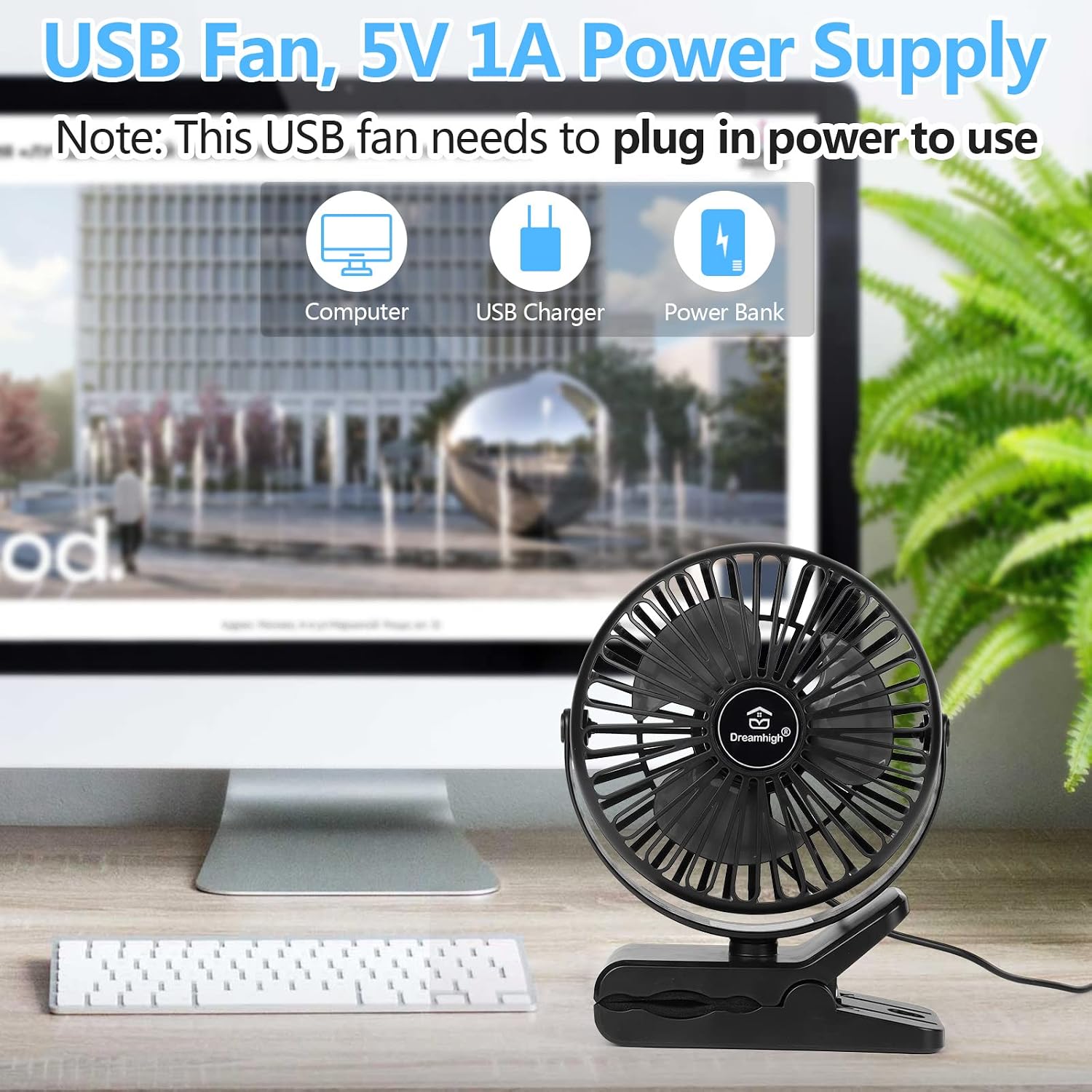 Thumbnail 2 de Dreamhigh® Mini USB Fan: 360° Clip & Table Fan for Desk — Quiet, Portable and USB-Powered