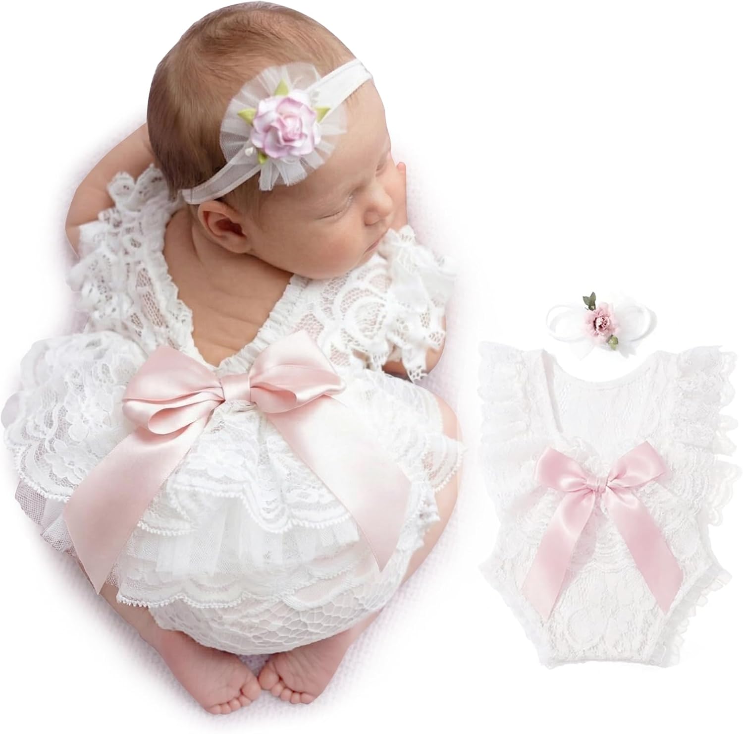 Detalle de ForBaysy Newborn Lace Photography Romper with 3D Flower Headband