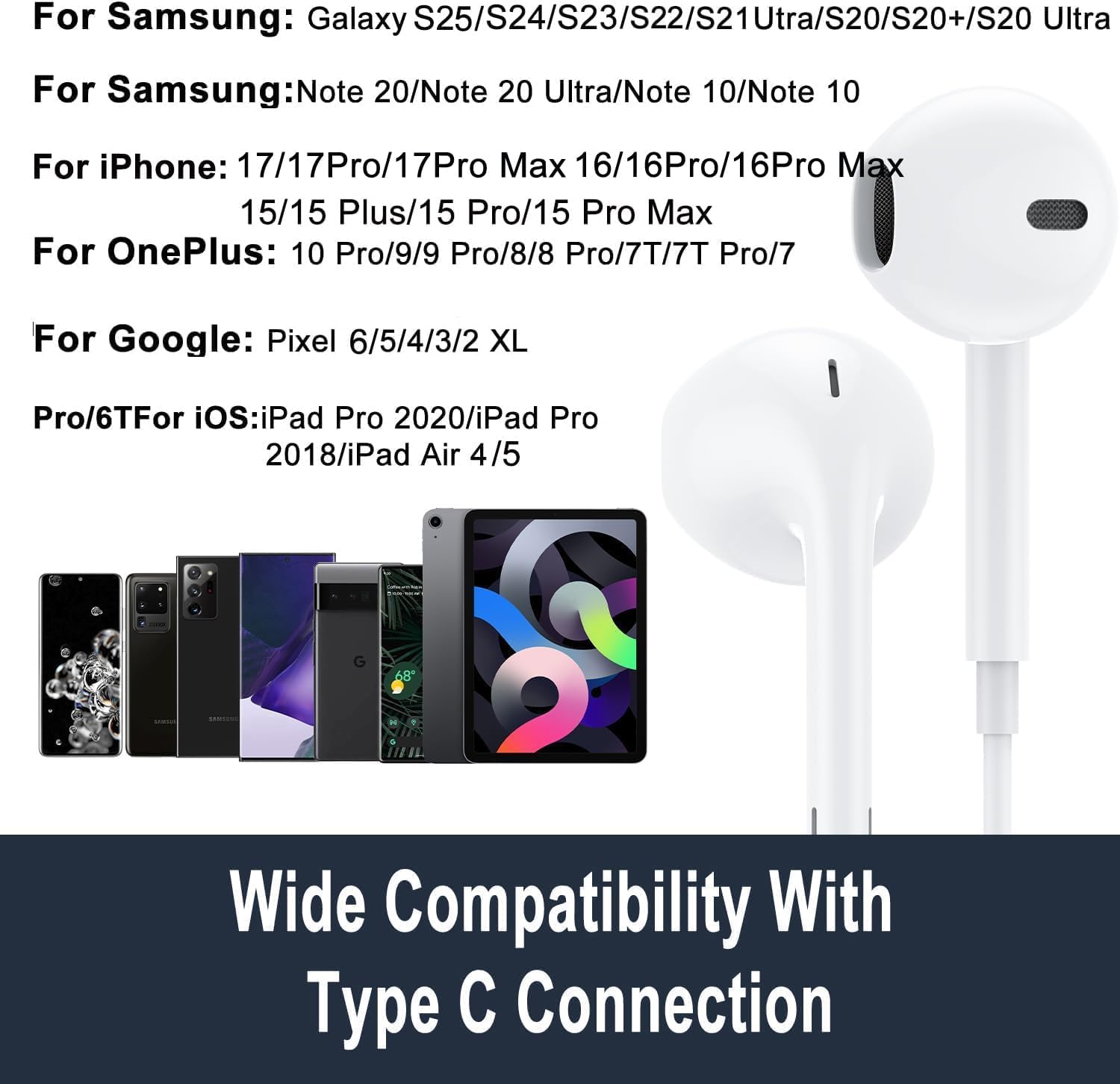 Thumbnail 1 de USB C Headphones with Microphone & Remote Control (In-Ear) – Type C wired earbuds, 1.2m cable