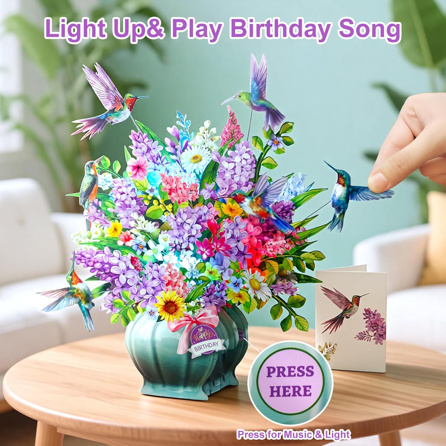 Thumbnail 1 de Hummingbird Oasis musical & light 3D pop-up “Happy Birthday” card (10-inch)