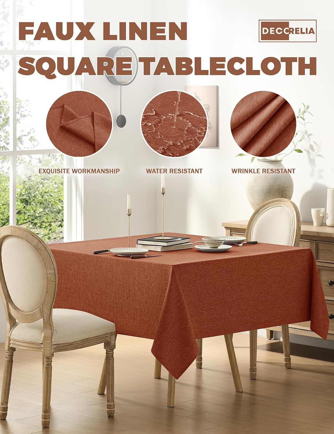 Thumbnail 2 de Decorelia Faux Linen Square Tablecloth, 52 x 52 Inch, Burnt Orange, Water-Resistant