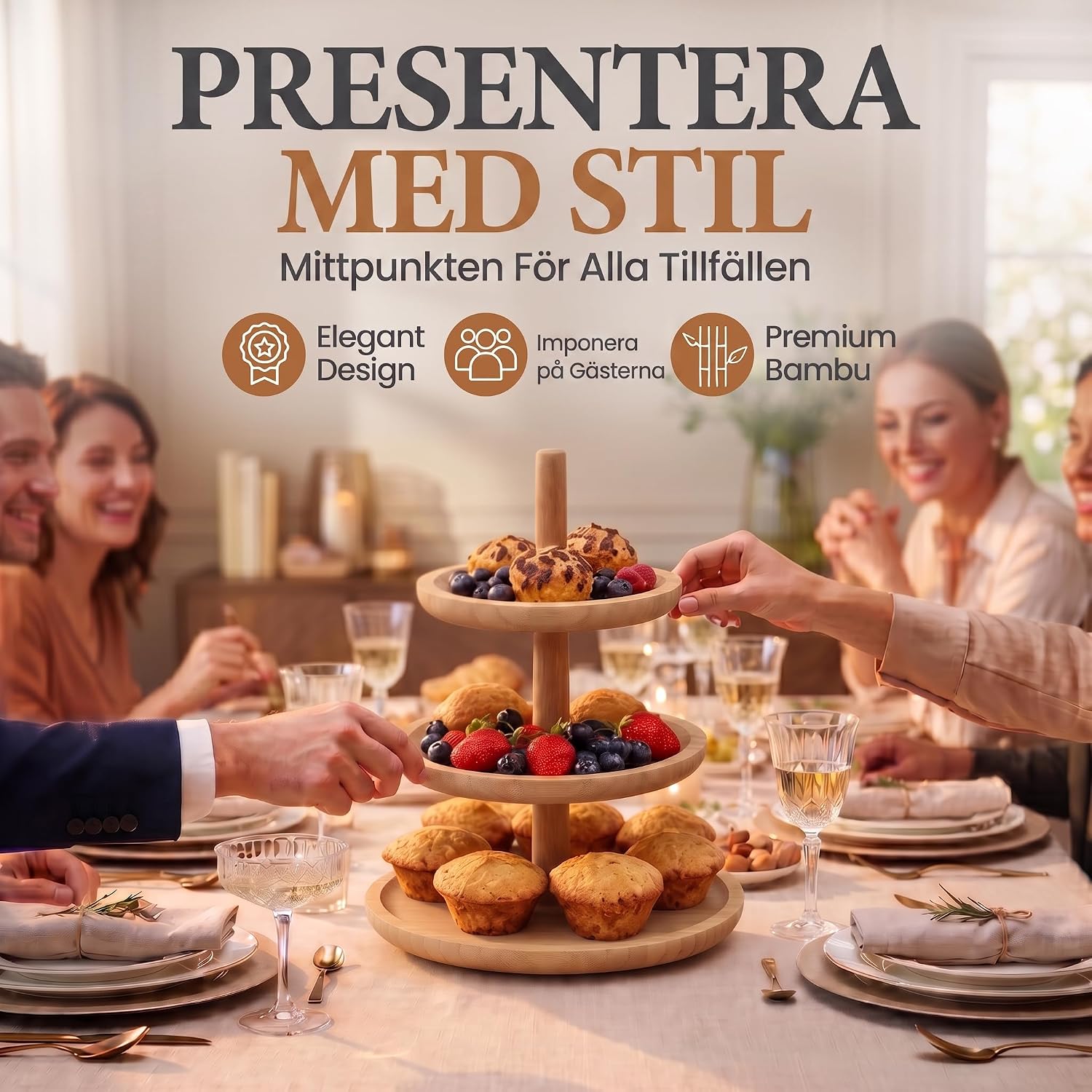 Detalle 2 de DIMONO serveringsställ i bambu med tre våningar, runda fat och 37,5 cm höjd