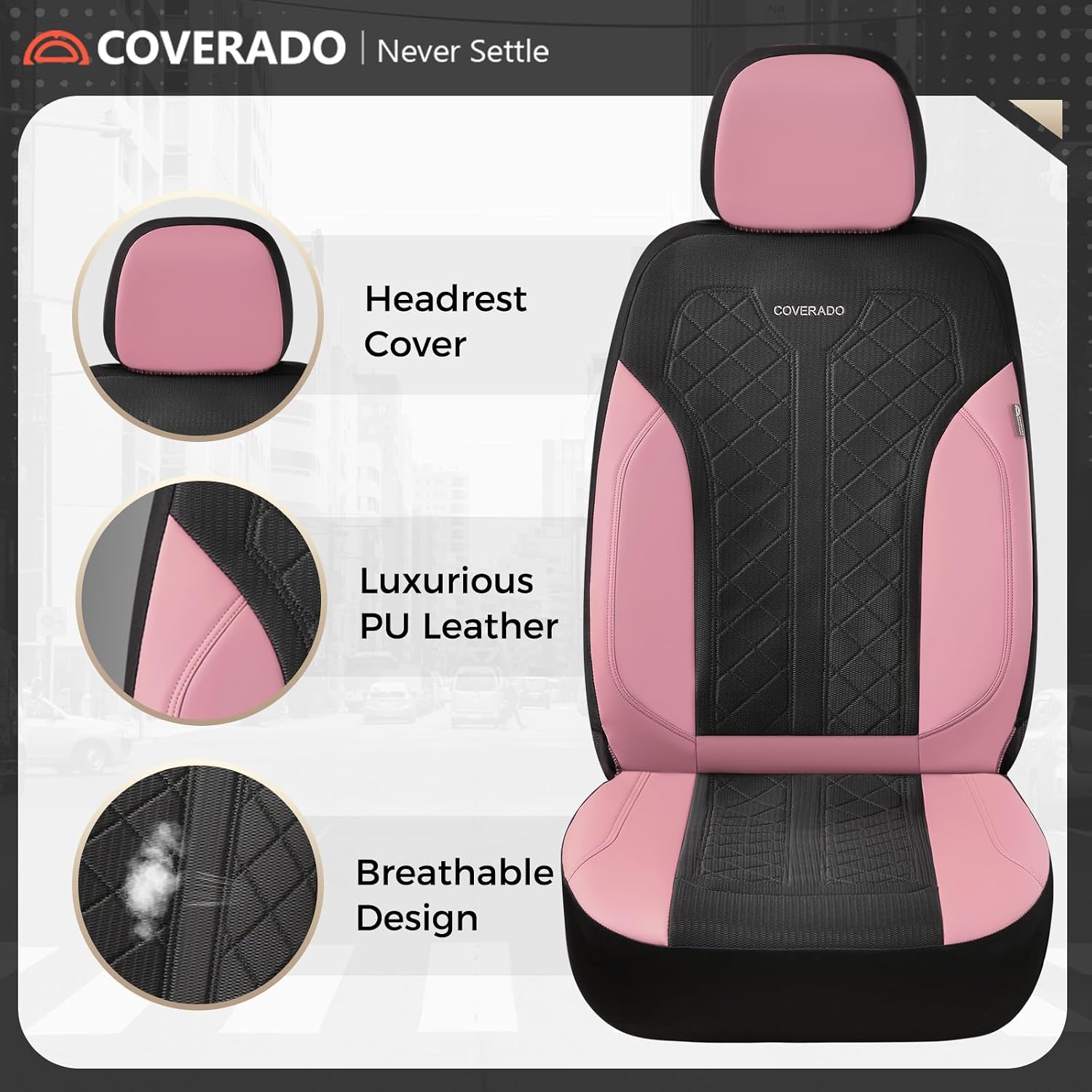 Detalle 2 de Coverado Automotive Seat Covers Full Set with Leather-Style PU & Mesh Panels (Pink Driver Seat Protectors) — Universal Fit
