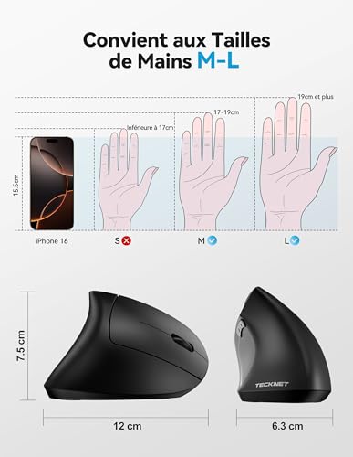 Detalle 2 de TECKNET souris verticale ergonomique rechargeable, 3 modes, 4 800 DPI, 6 boutons