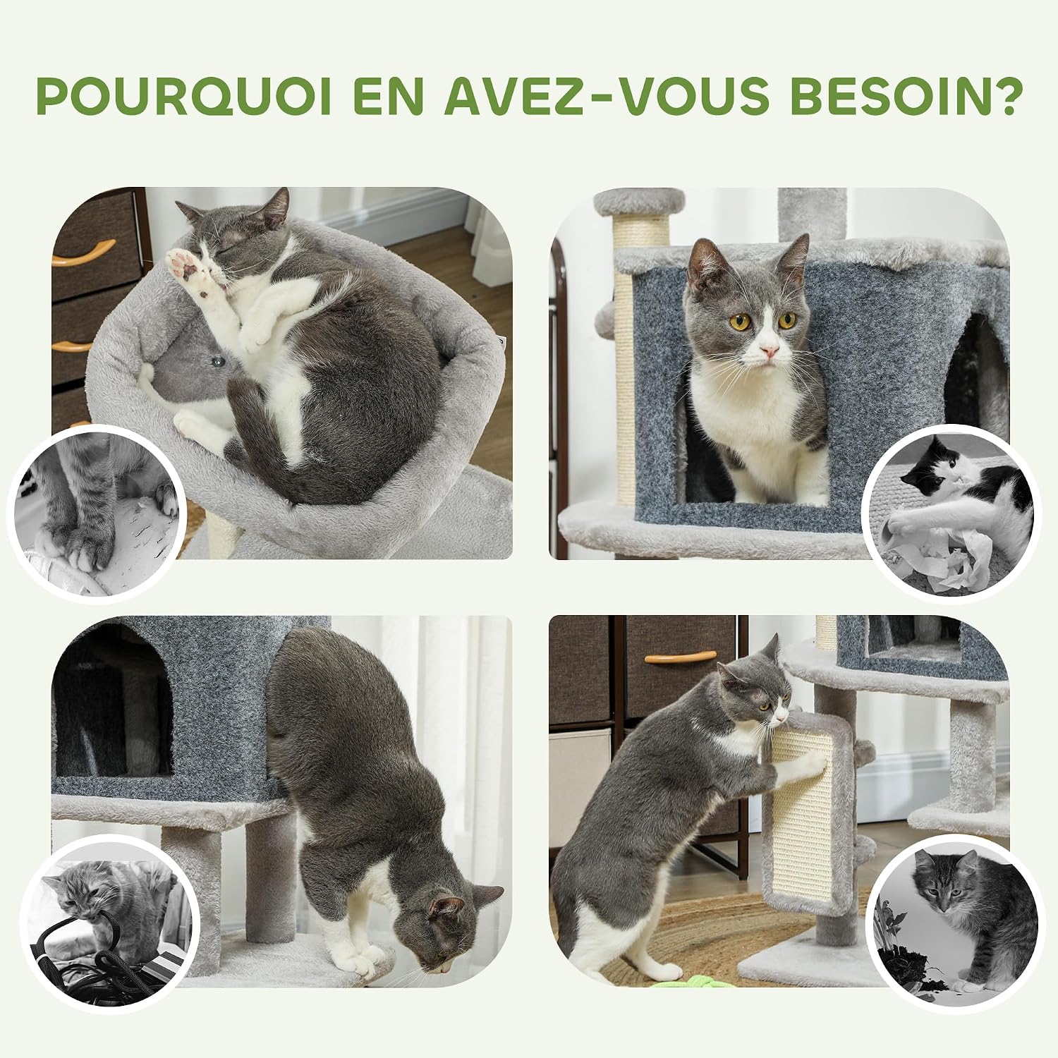 Detalle 2 de PawHut D30-842V00LG krabpaal van 104 cm met sisal en kattenhuis