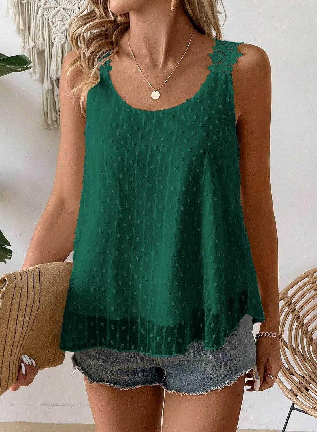 Thumbnail 1 de Womens Flowy Swiss Dot Lace Strap Boho Tank Top (100% Polyester)