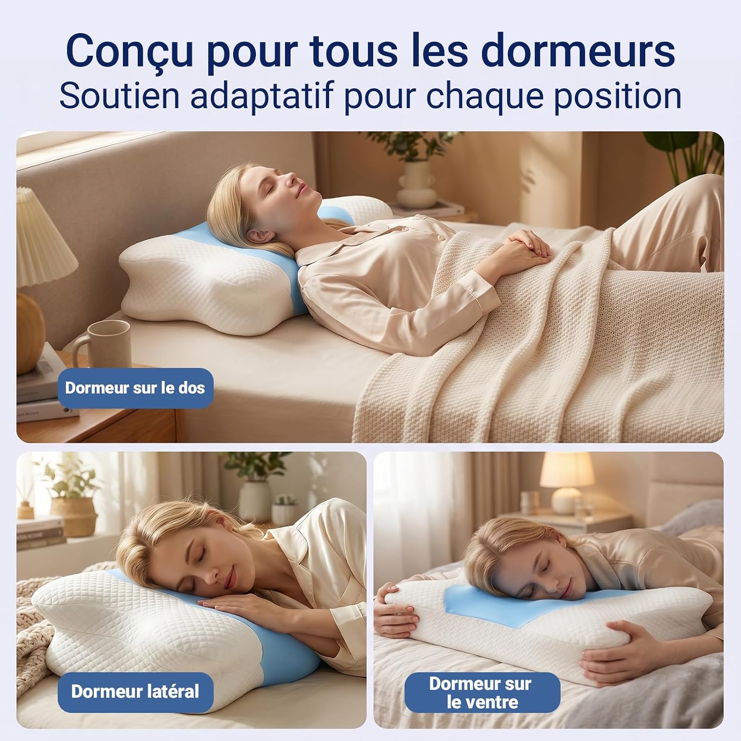 Thumbnail 2 de COSYLAND Oreiller Ergonomique Cervical – Oreiller Papillon Bleu pour sommeil en position latérale, dos et ventre