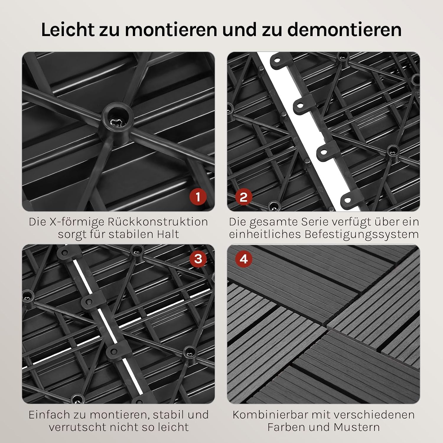 Detalle 2 de WOLTU WPC Fliese Terrassenfliesen Holz-Optik mit Klicksystem 30 x 60 cm, hellgrau (12 Stück / 2 m²)