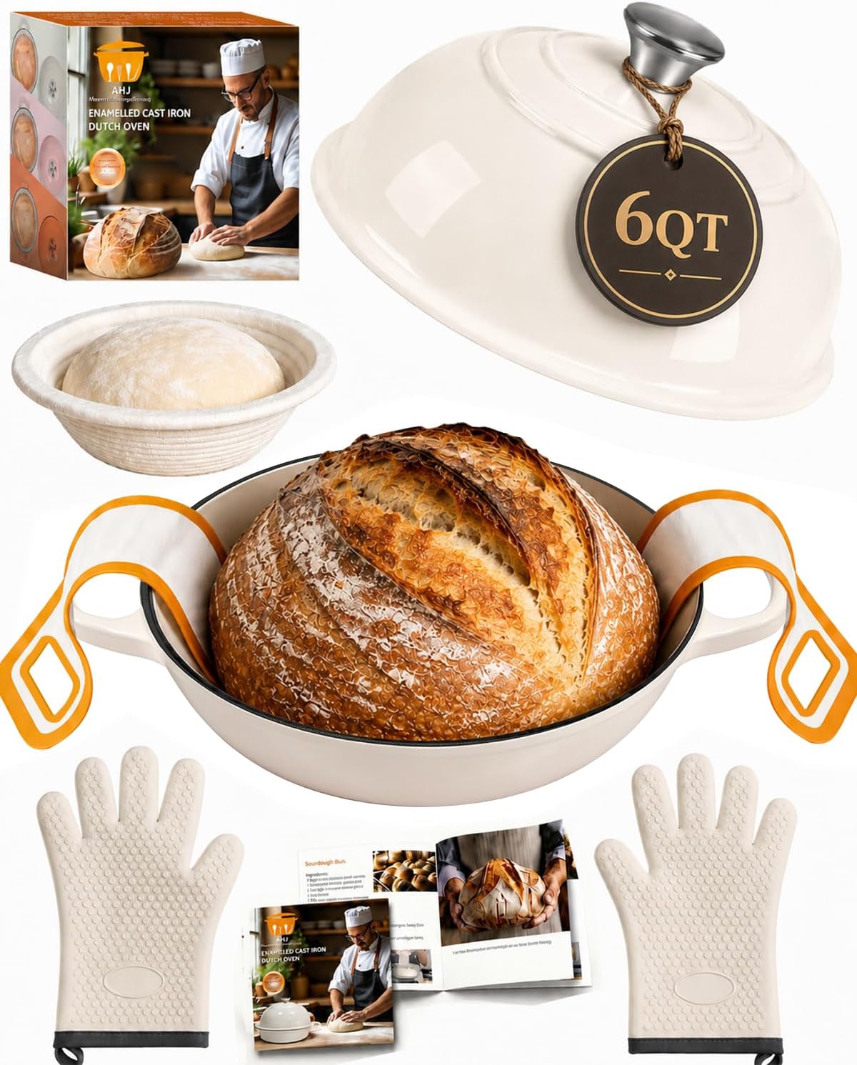 AHJ 6QT Enameled Cast Iron Dutch Oven for Bread Baking with Proofing Basket, Gloves & Sling
