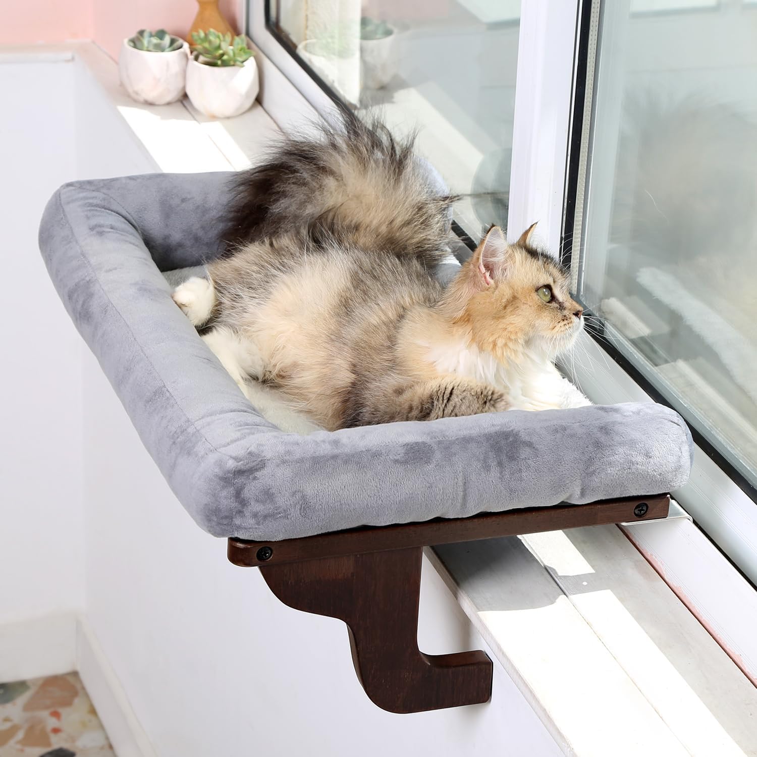 Detalle de Zakkart CWP03-D-GR Cat Window Perch, Hardwood Frame, Washable Gray Bed