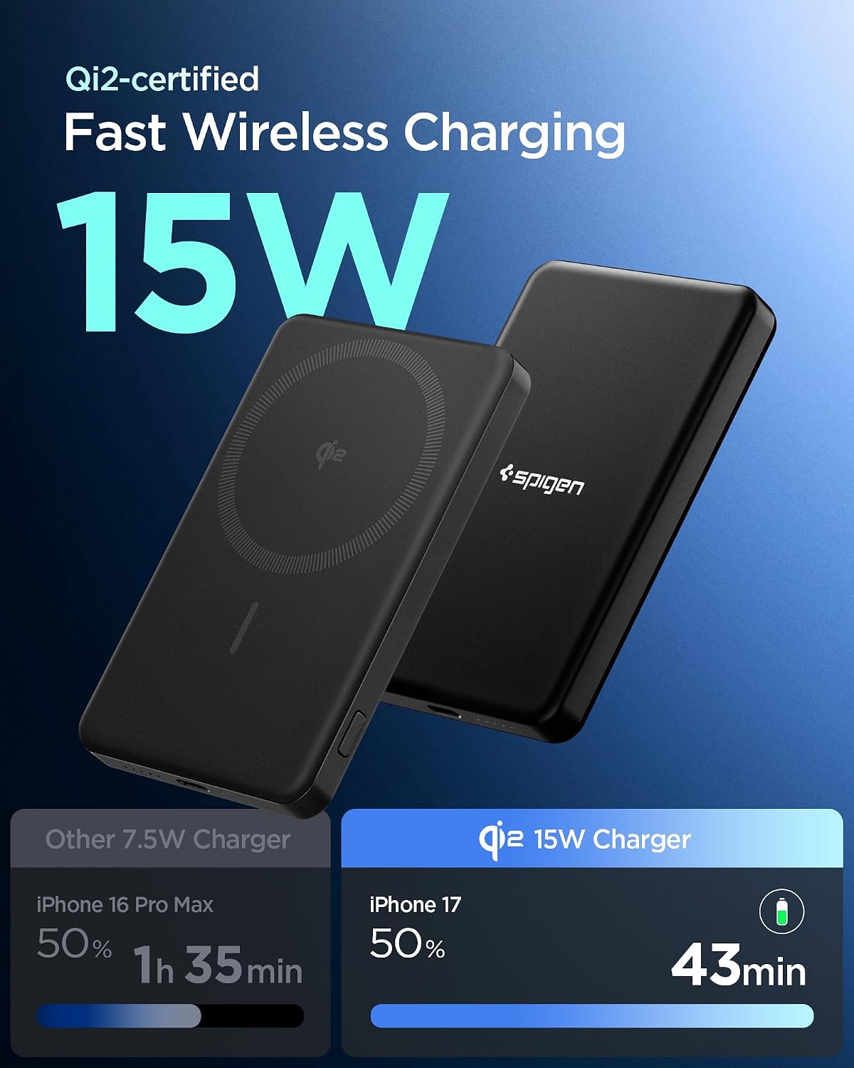 Detalle 2 de Spigen Essential Qi2 Power Bank Wireless 5.000 mAh da 22,5W con MagSafe (Qi2) – Nero
