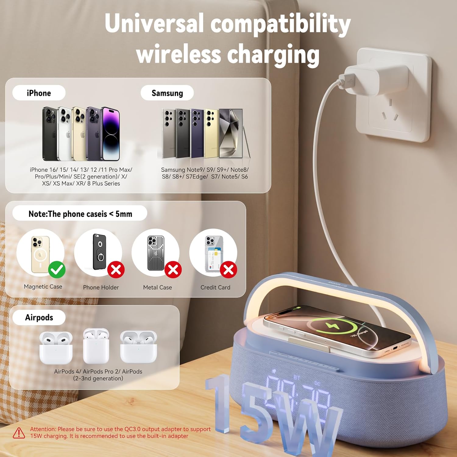 Thumbnail 2 de COLSUR Sveglia digitale con ricarica wireless 15W, speaker Bluetooth portatile e luce notturna a LED regolabile